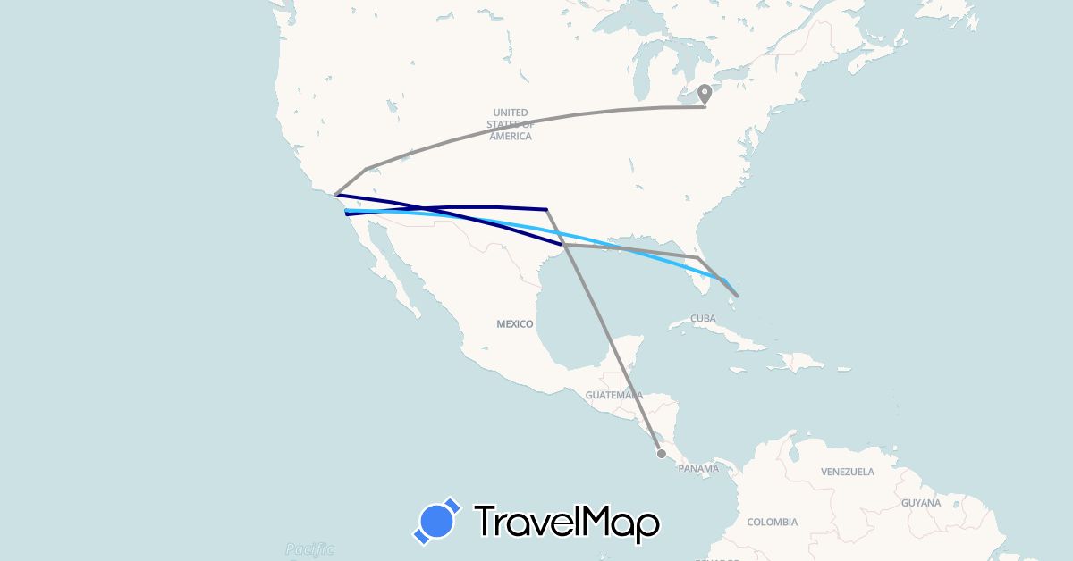 TravelMap itinerary: driving, plane, boat in Bahamas, Costa Rica, Mexico, United States (North America)